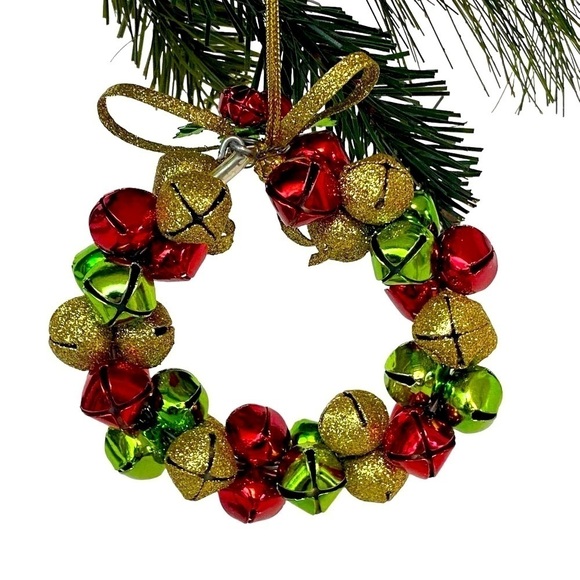 Jingle Bells Wreath Christmas Ornament Red Gold Green 3.5" - Picture 2 of 5